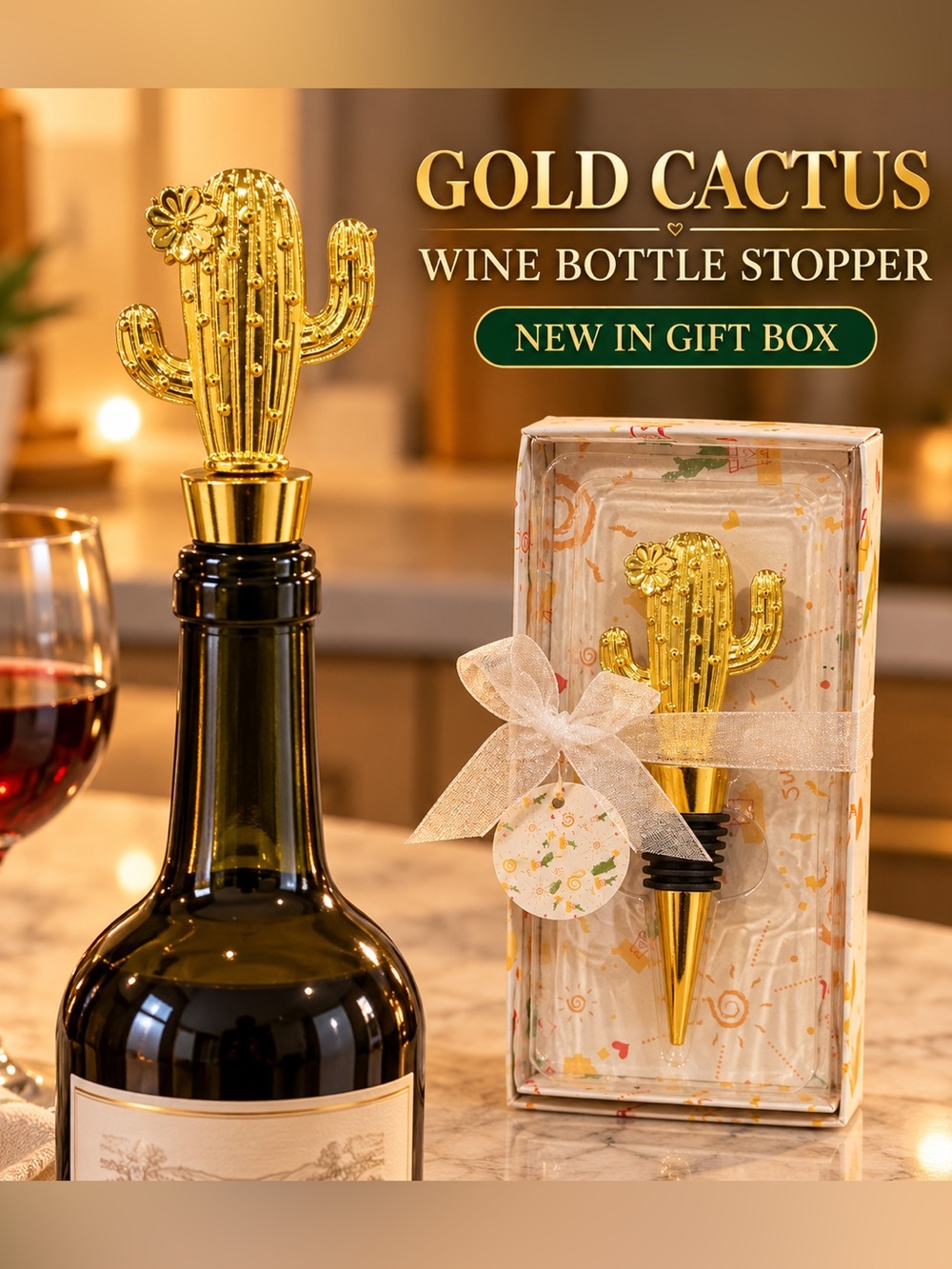 Gold Cactus Wine Bottle Stopper New in Gift Box